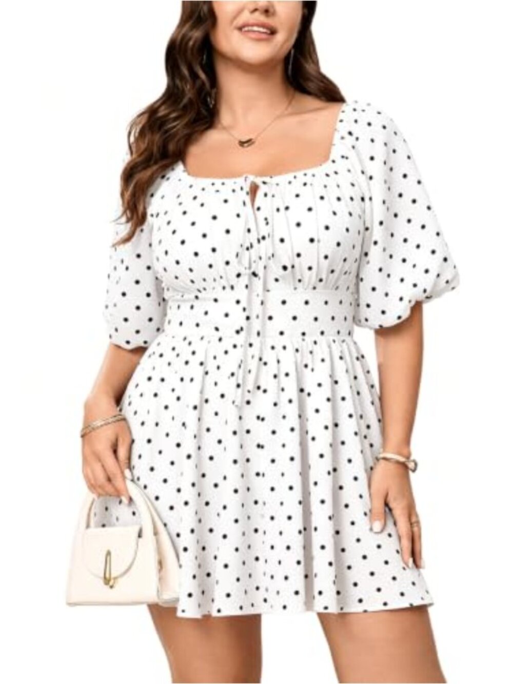 Plus Size Polka Dot Puff Sleeve High Waist Loose Shorts Jumpsuit